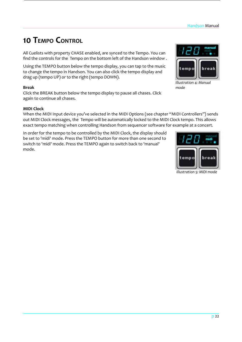10 tempo control, Break, Midi clock | 10 t, Empo, Ontrol | Clay Paky HandsOn User Manual | Page 23 / 46
