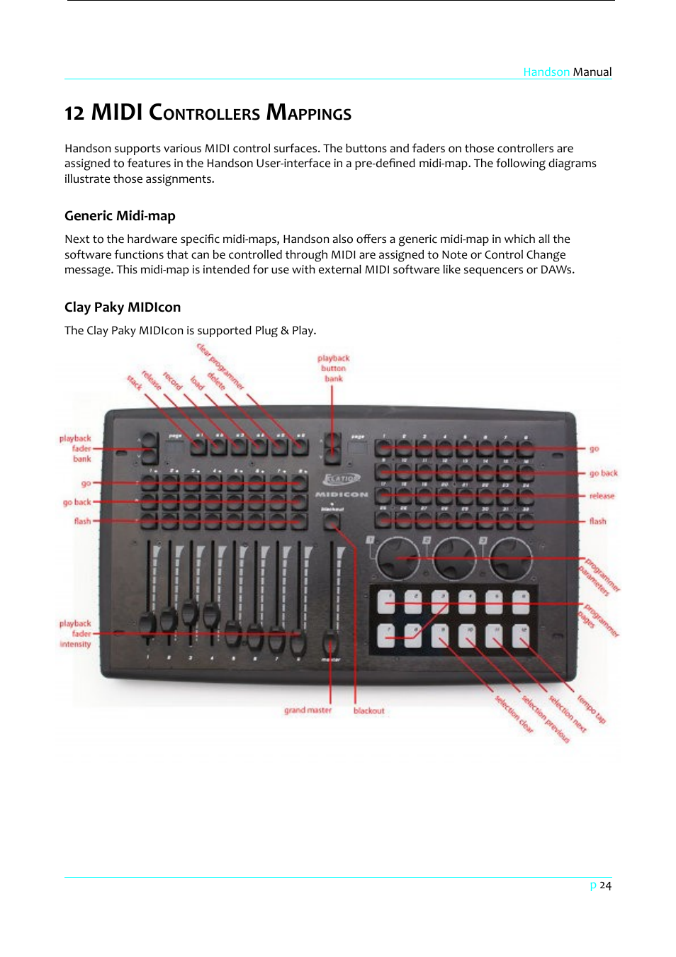 12 midi controllers mappings, Generic midi-map, Clay paky midicon | 12 midi c | Clay Paky HandsOn User Manual | Page 25 / 46