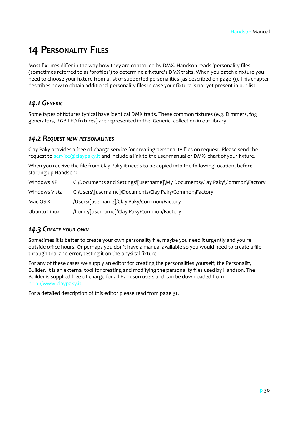 14 personality files, 1 generic, 2 request new personalities | 3 create your own, 14 p, Ersonality, Iles | Clay Paky HandsOn User Manual | Page 31 / 46