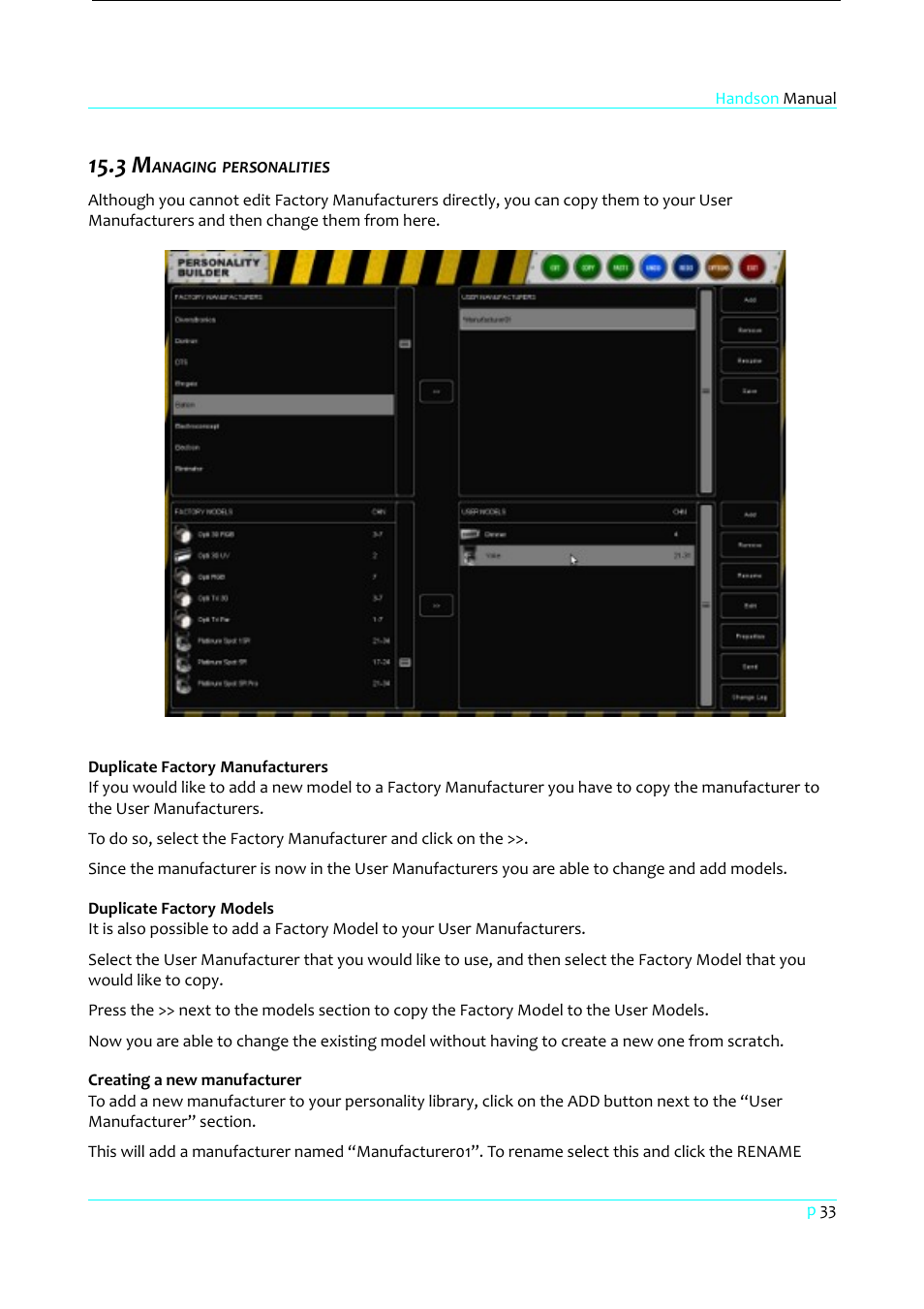 3 managing personalities, Duplicate factory manufacturers, Duplicate factory models | Creating a new manufacturer | Clay Paky HandsOn User Manual | Page 34 / 46