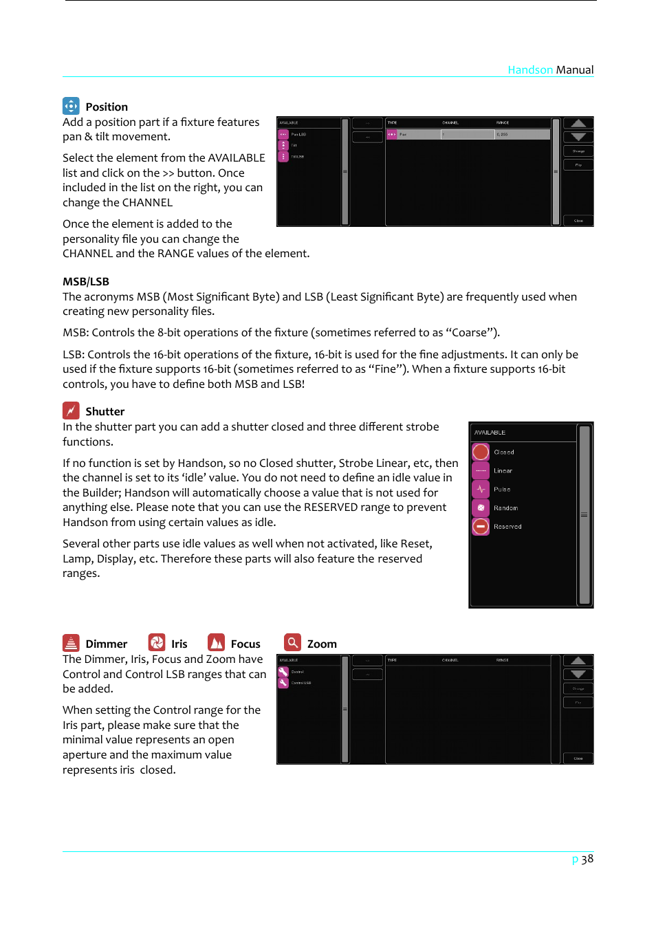 Position, Msb/lsb, Shutter | Dimmer iris focus zoom | Clay Paky HandsOn User Manual | Page 39 / 46