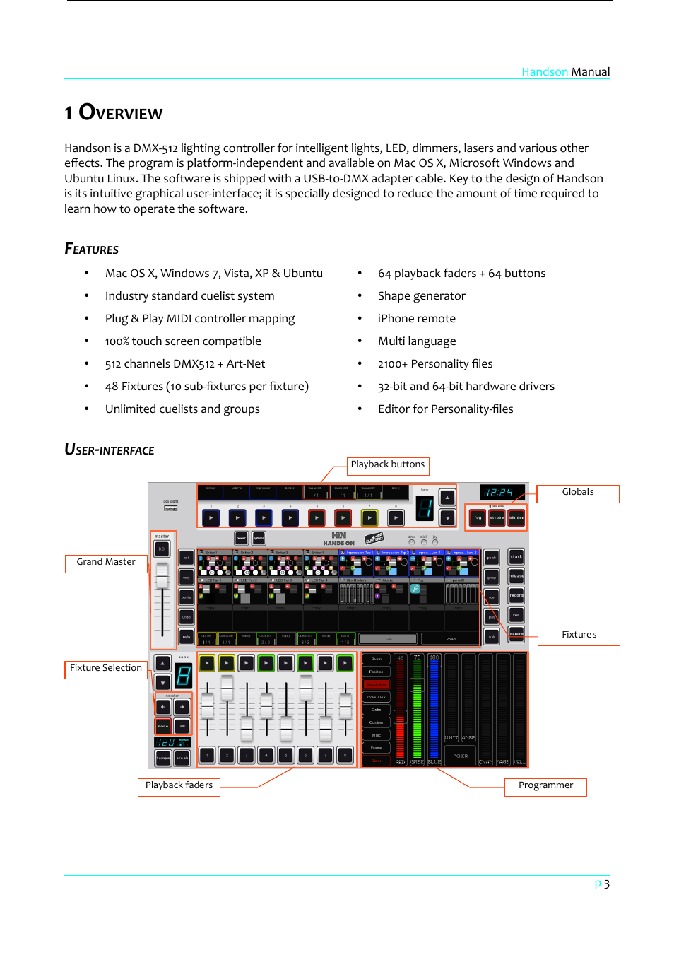 1 overview, Features, User-interface | Verview | Clay Paky HandsOn User Manual | Page 4 / 46