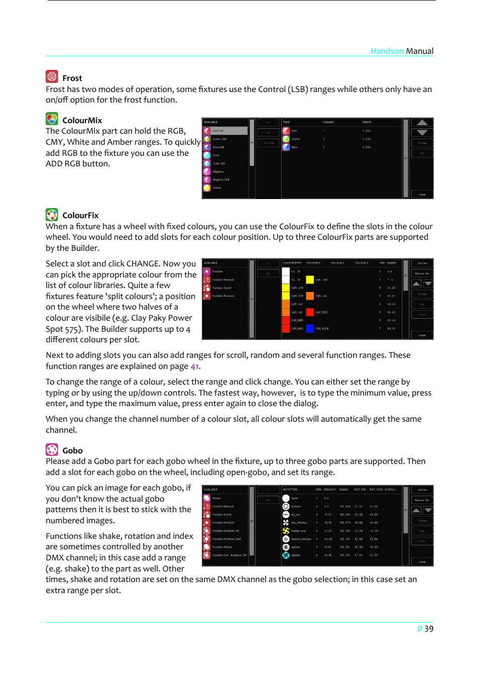 Frost, Colourmix, Colourfix | Gobo | Clay Paky HandsOn User Manual | Page 40 / 46