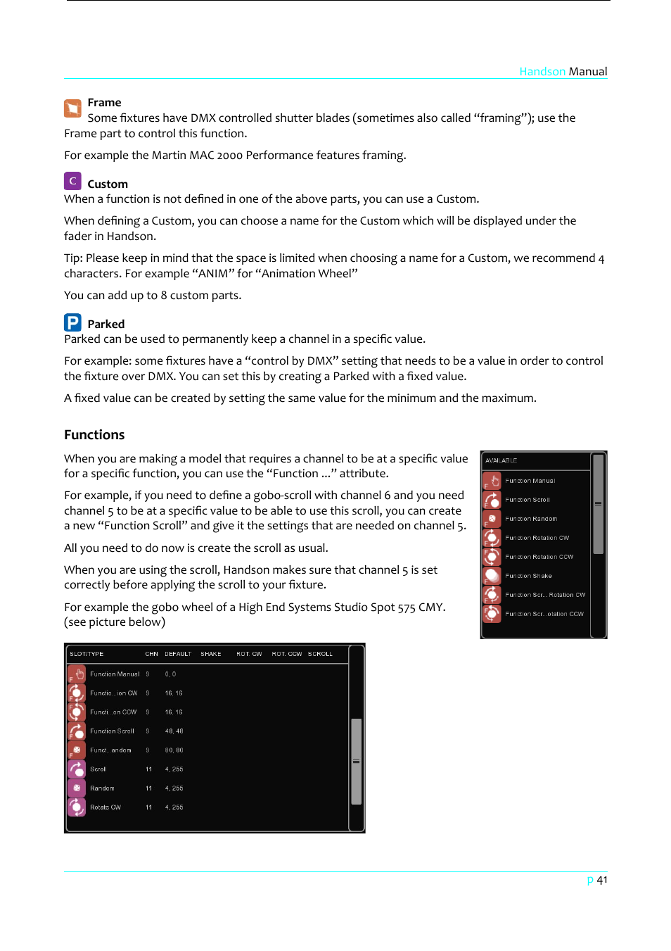 Frame, Custom, Parked | Functions | Clay Paky HandsOn User Manual | Page 42 / 46