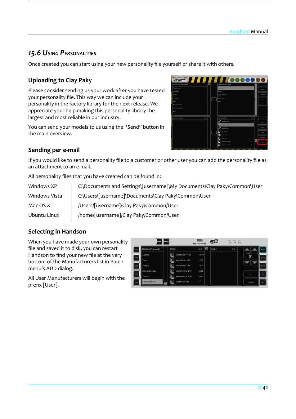 6 using personalities, Uploading to clay paky, Sending per e-mail | Selecting in handson | Clay Paky HandsOn User Manual | Page 43 / 46
