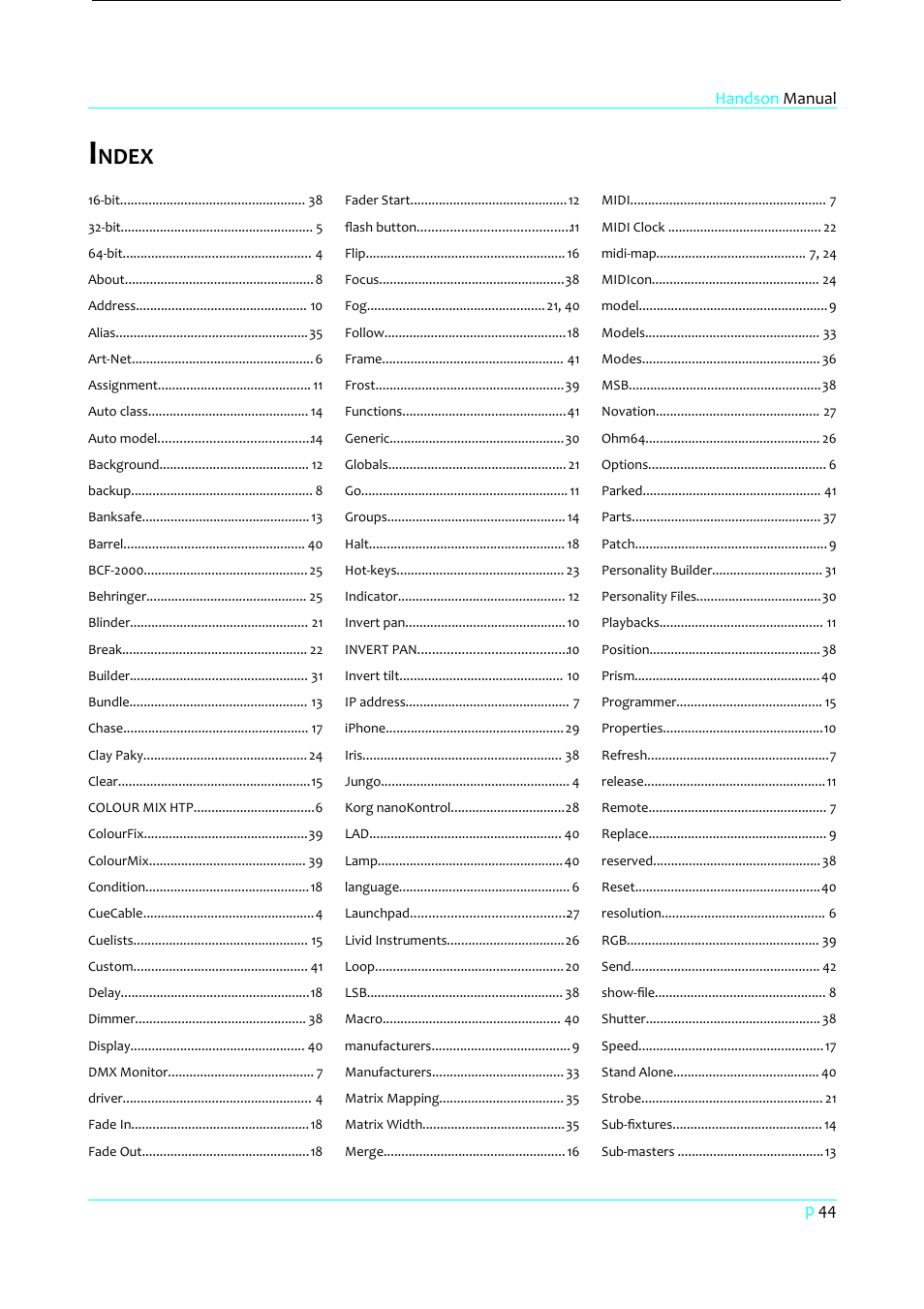 Index, Ndex | Clay Paky HandsOn User Manual | Page 45 / 46