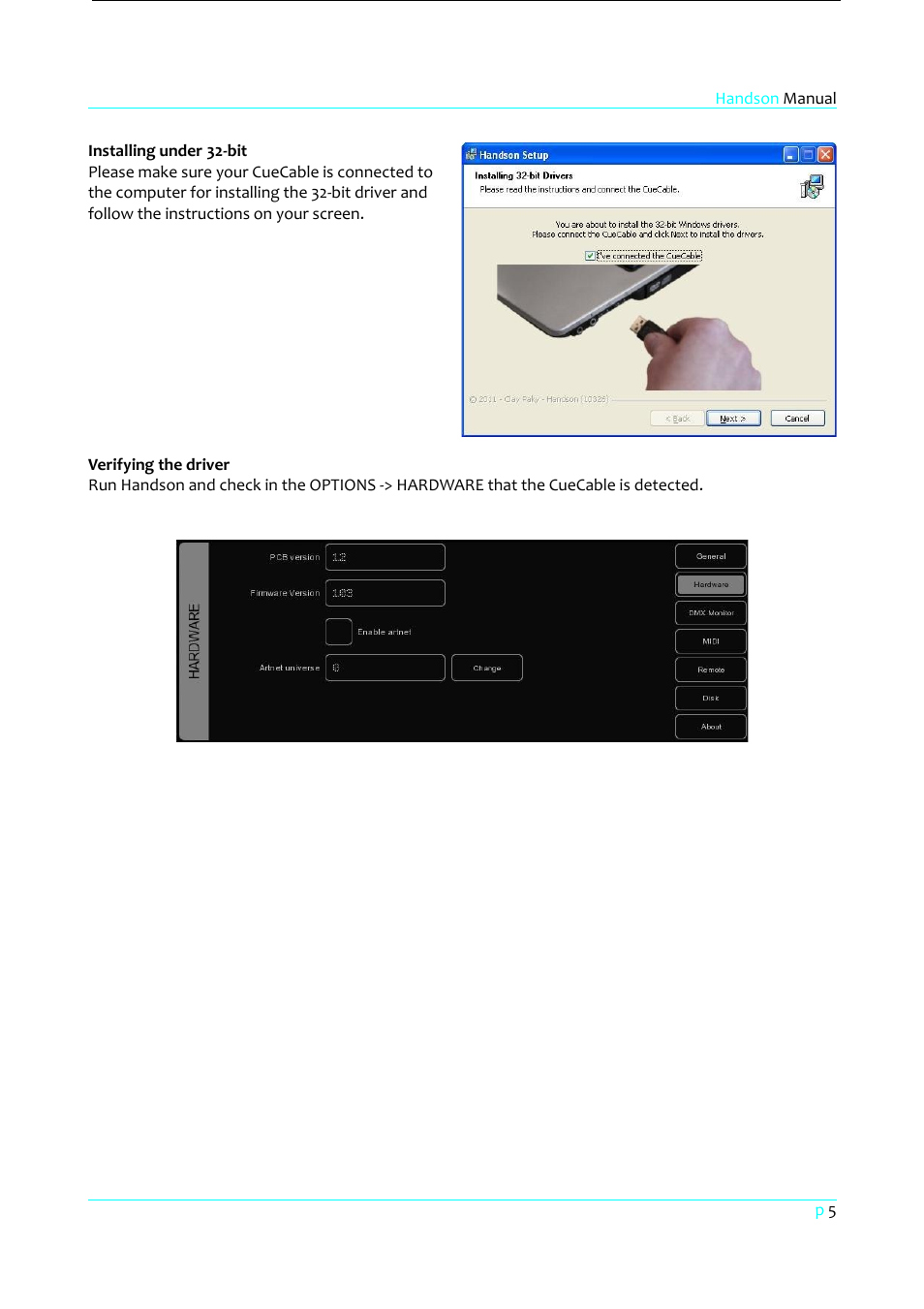 Installing under 32-bit, Verifying the driver | Clay Paky HandsOn User Manual | Page 6 / 46