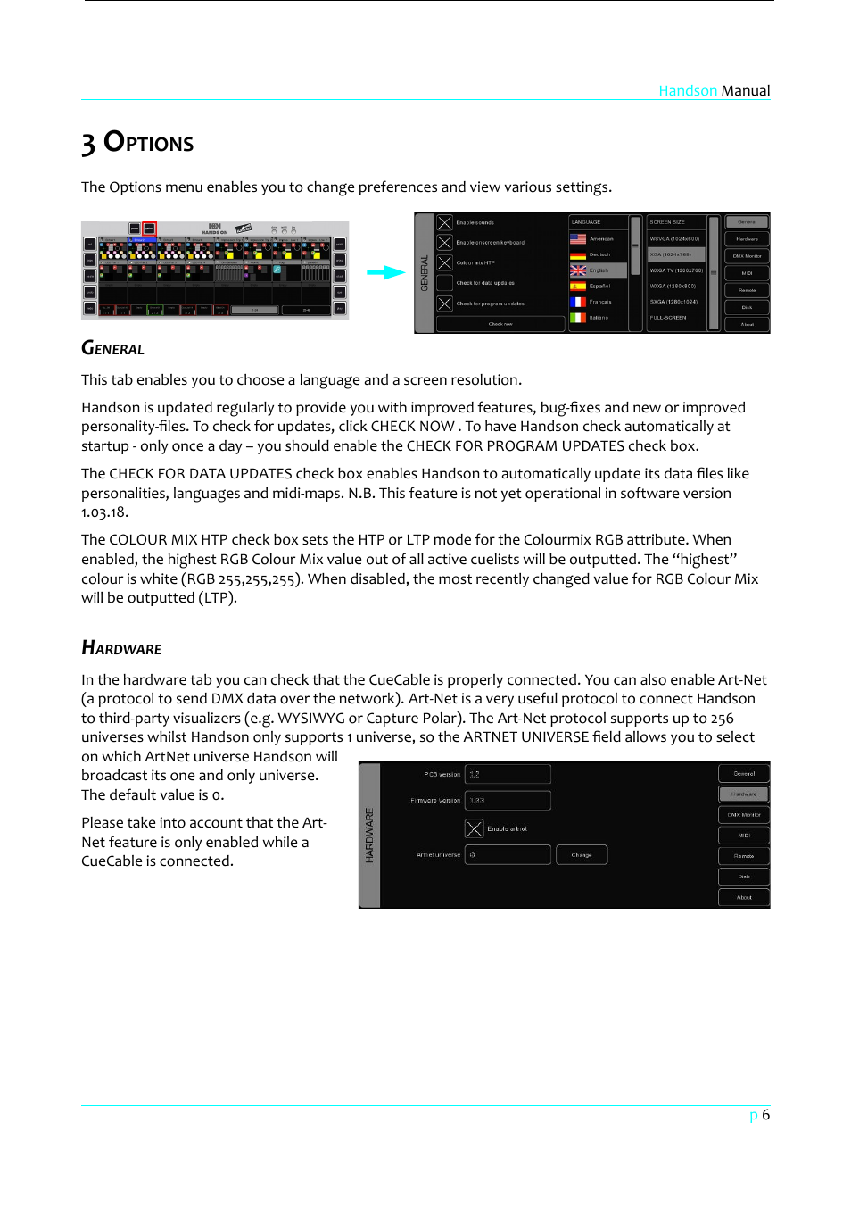 3 options, General, Hardware | Ptions | Clay Paky HandsOn User Manual | Page 7 / 46