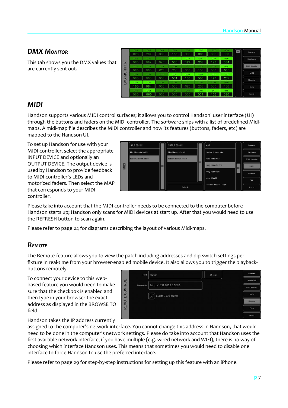 Dmx monitor, Midi, Remote | Dmx m | Clay Paky HandsOn User Manual | Page 8 / 46