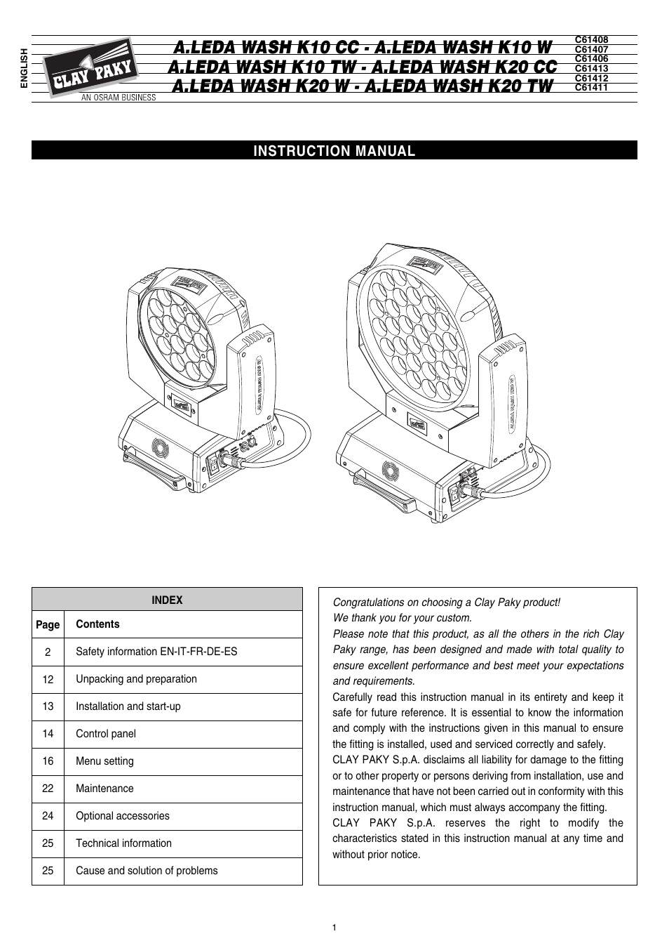 Clay Paky A.LEDA WASH K20 TW (C61411) User Manual | 32 pages