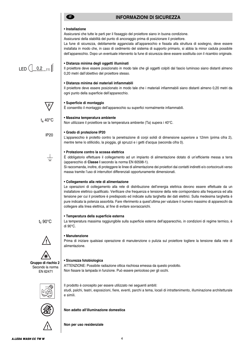 Informazioni di sicurezza | Clay Paky A.LEDA WASH K20 TW (C61411) User Manual | Page 4 / 32