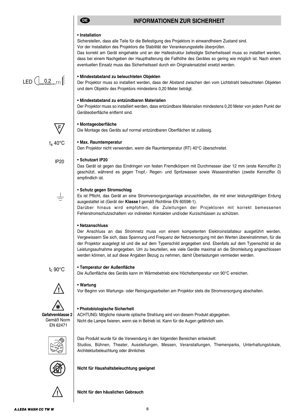 Informationen zur sicherheit | Clay Paky A.LEDA WASH K20 TW (C61411) User Manual | Page 8 / 32