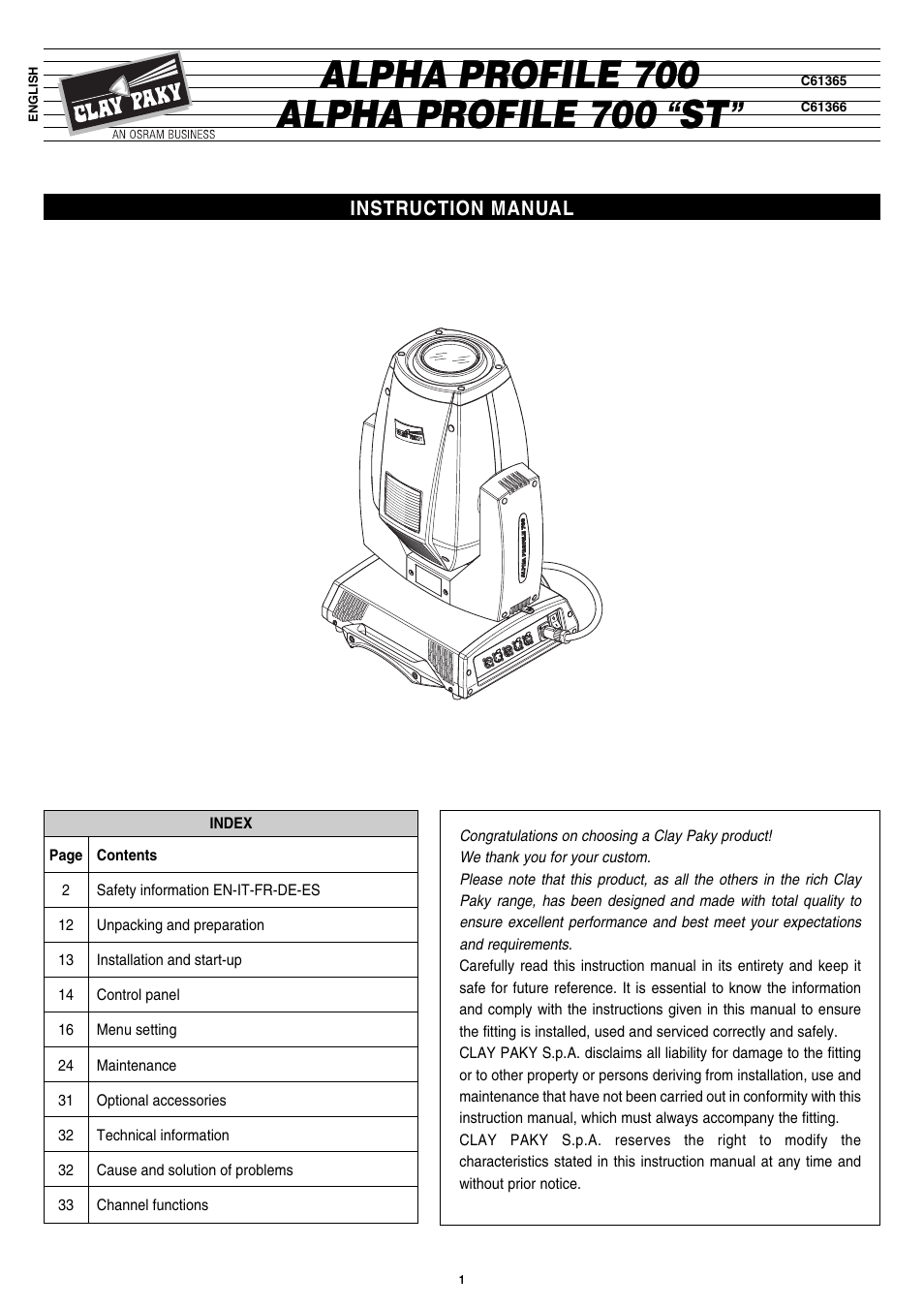 Clay Paky ALPHA PROFILE 700 ST (C61366) User Manual | 40 pages