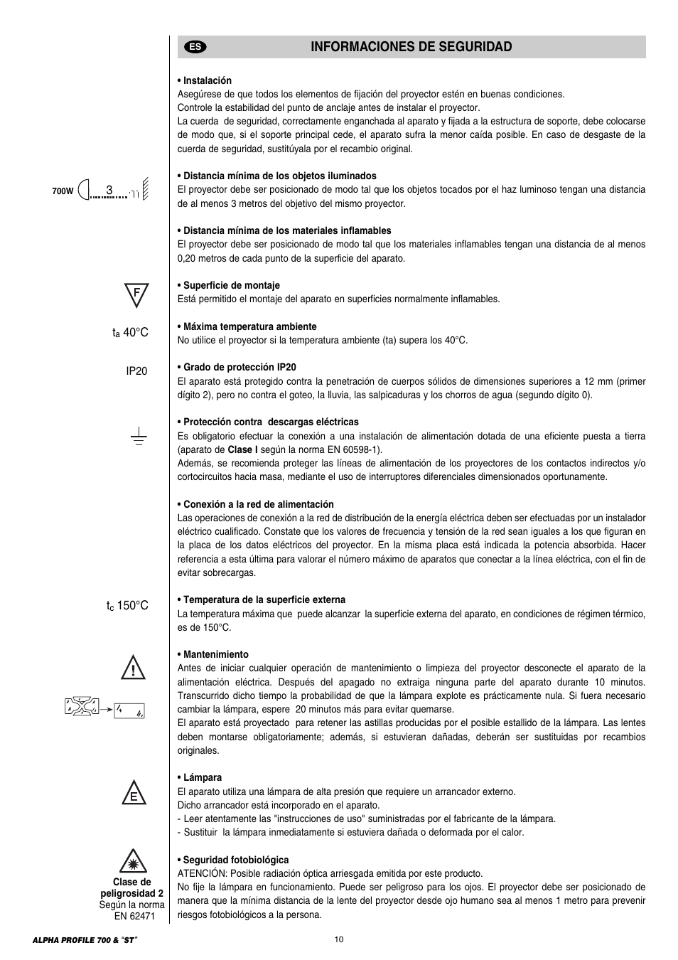 Informaciones de seguridad | Clay Paky ALPHA PROFILE 700 ST (C61366) User Manual | Page 10 / 40