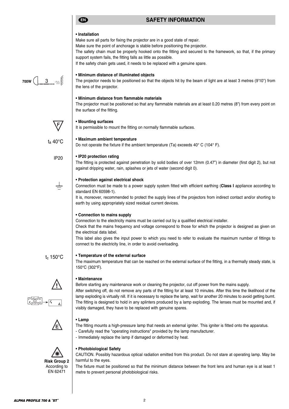 Safety information en-it-fr-de-es, Safety information | Clay Paky ALPHA PROFILE 700 ST (C61366) User Manual | Page 2 / 40