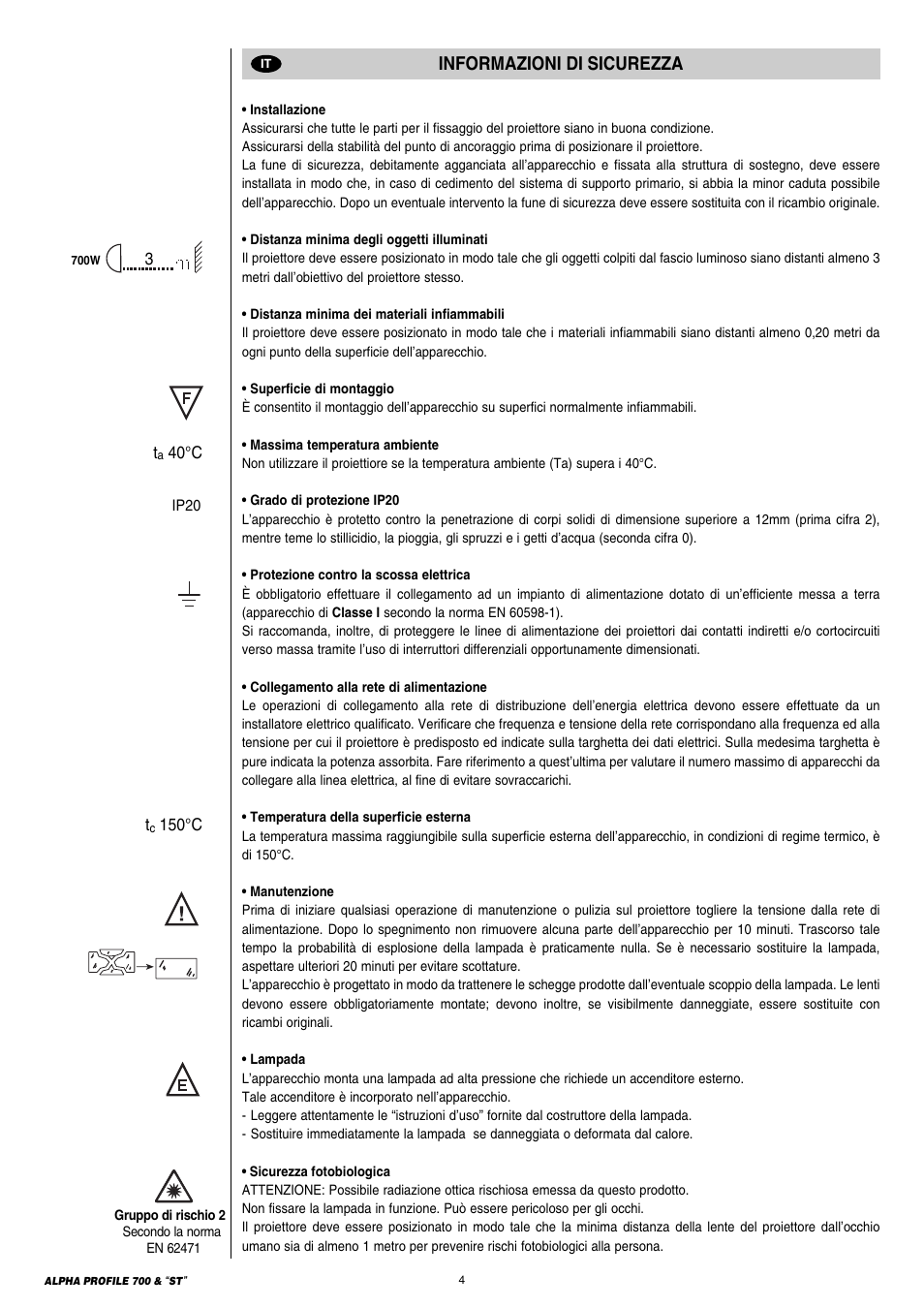 Informazioni di sicurezza | Clay Paky ALPHA PROFILE 700 ST (C61366) User Manual | Page 4 / 40