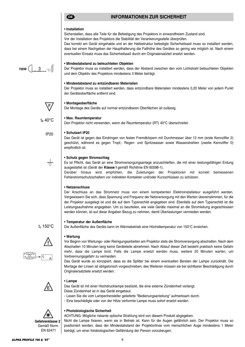Informationen zur sicherheit | Clay Paky ALPHA PROFILE 700 ST (C61366) User Manual | Page 8 / 40