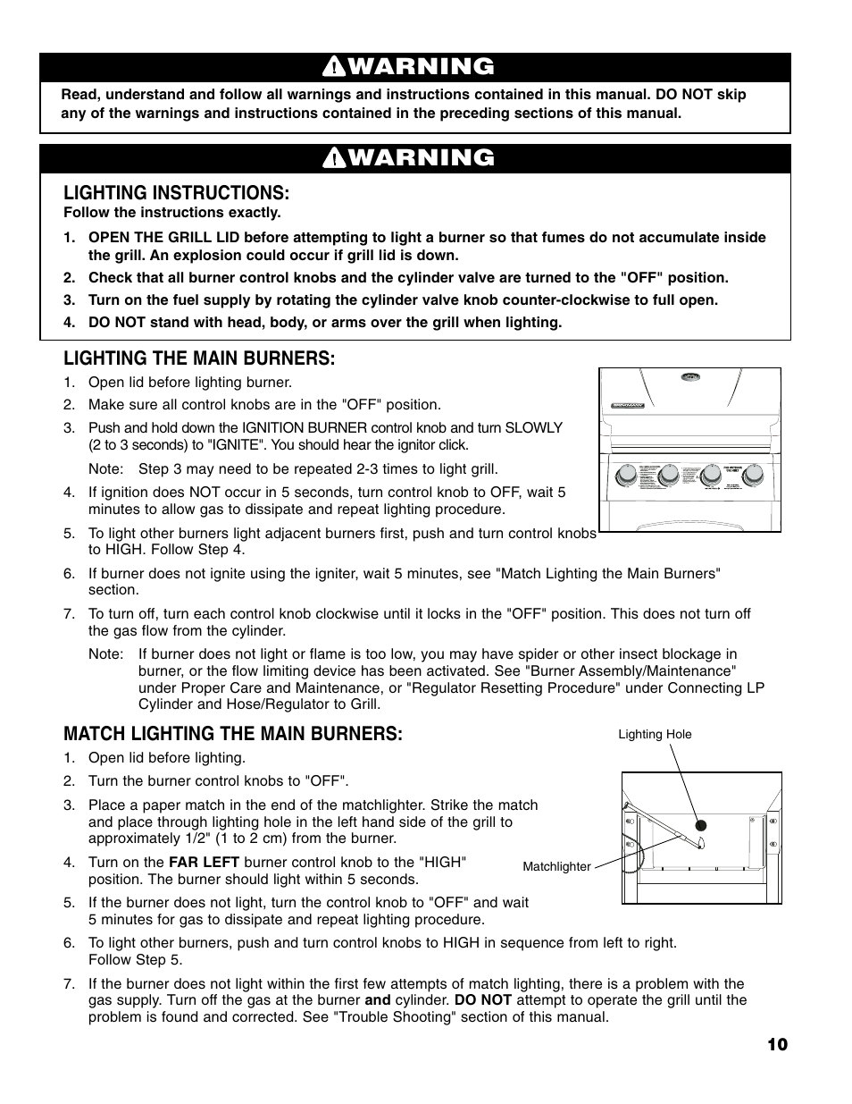 Warning, Lighting instructions, Lighting the main burners | Match lighting the main burners | Brinkmann 4 Burner Gas Grill User Manual | Page 11 / 60
