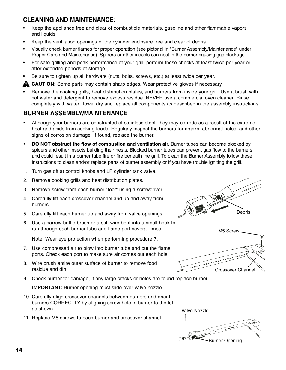 Burner assembly/maintenance, Cleaning and maintenance | Brinkmann 4 Burner Gas Grill User Manual | Page 15 / 60