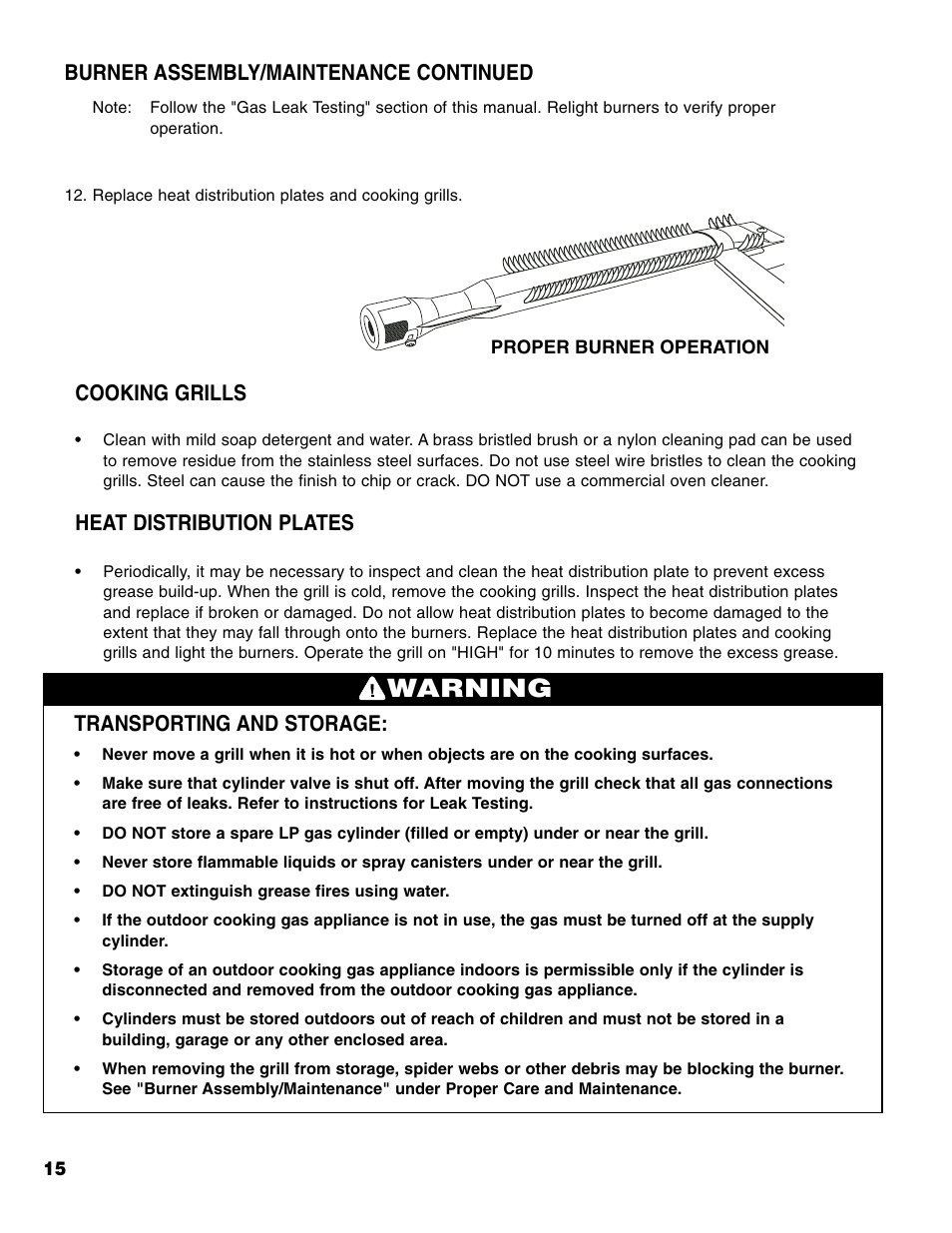 Warning, Transporting and storage, Cooking grills | Heat distribution plates, Burner assembly/maintenance continued | Brinkmann 4 Burner Gas Grill User Manual | Page 16 / 60