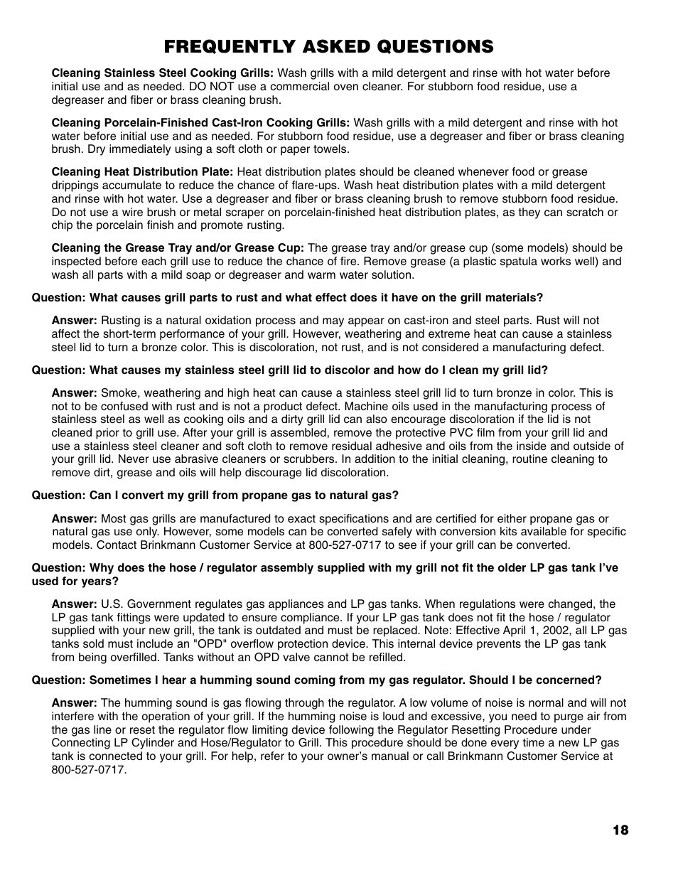 Frequently asked questions | Brinkmann 4 Burner Gas Grill User Manual | Page 19 / 60