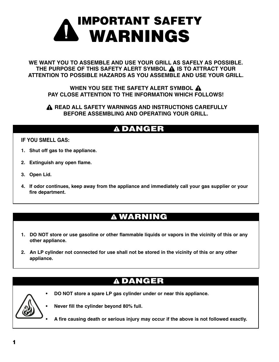 Warnings, Important safety, Danger | Warning danger | Brinkmann 4 Burner Gas Grill User Manual | Page 2 / 60