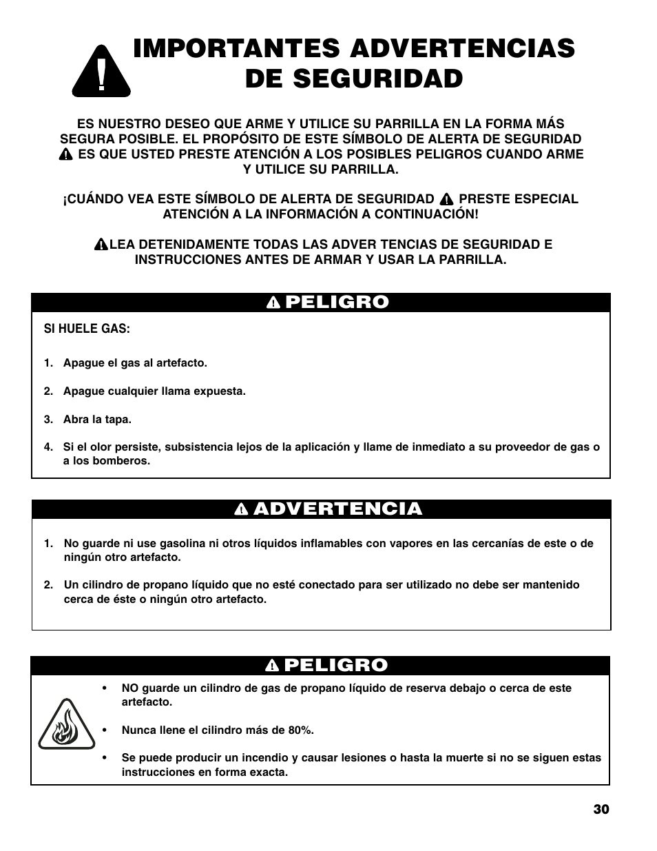 Importantes advertencias de seguridad, Peligro, Advertencia peligro | Brinkmann 4 Burner Gas Grill User Manual | Page 31 / 60