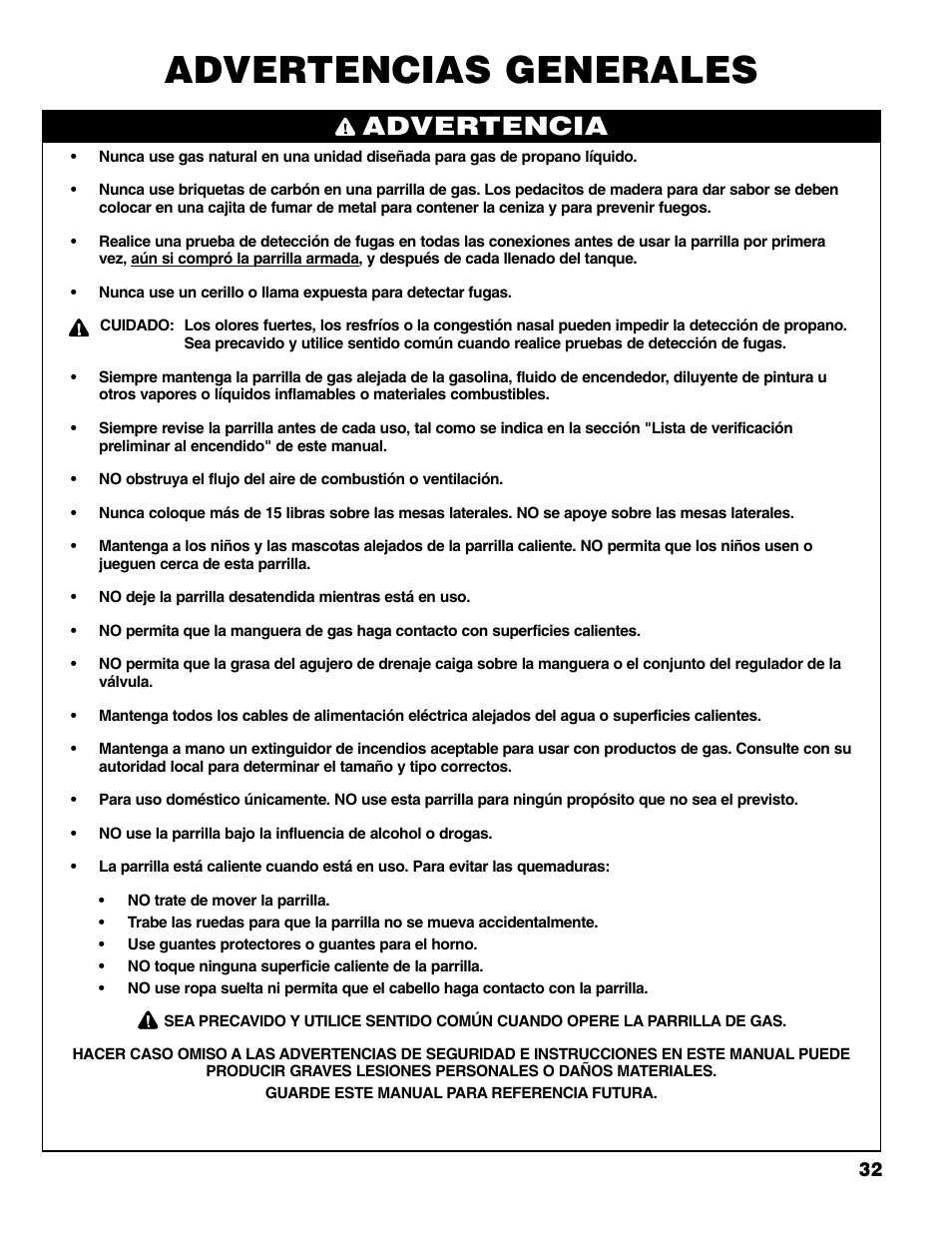 Advertencias generales, Advertencia | Brinkmann 4 Burner Gas Grill User Manual | Page 33 / 60