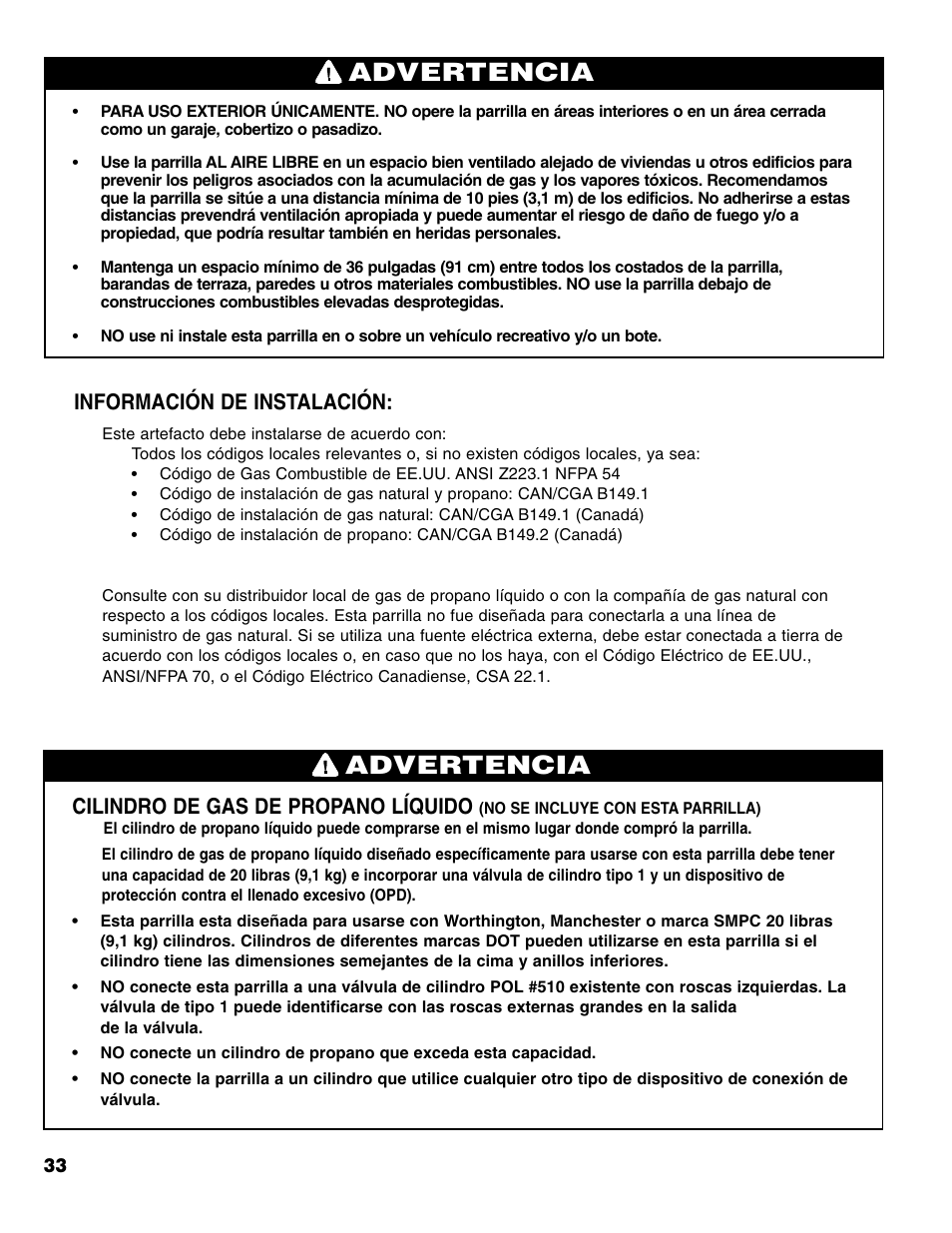 Advertencia, Información de instalación, Cilindro de gas de propano líquido | Brinkmann 4 Burner Gas Grill User Manual | Page 34 / 60
