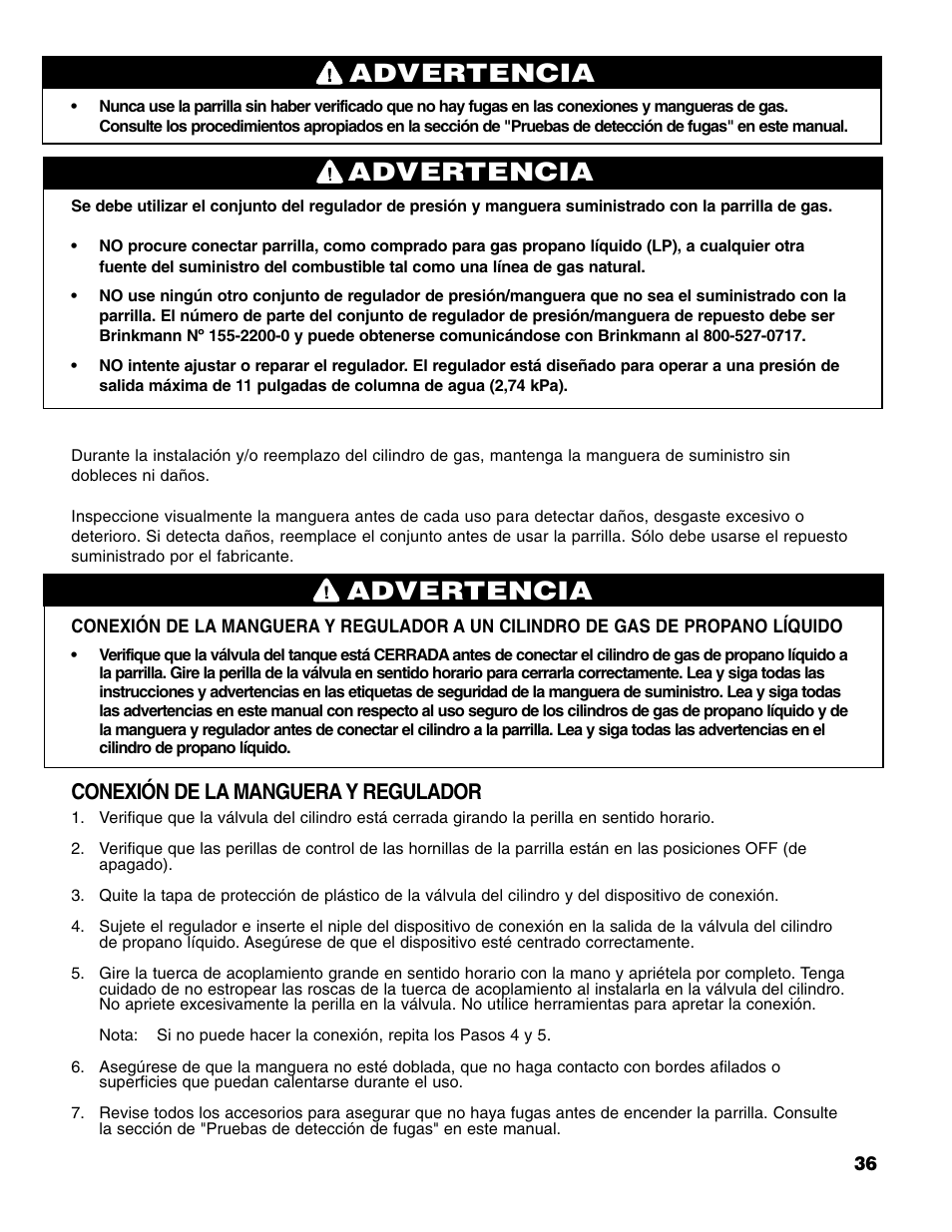 Advertencia, Conexión de la manguera y regulador | Brinkmann 4 Burner Gas Grill User Manual | Page 37 / 60