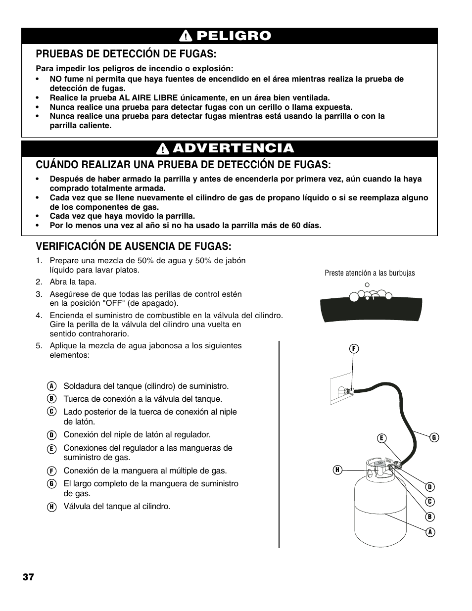 Advertencia peligro, Pruebas de detección de fugas, Cuándo realizar una prueba de detección de fugas | Verificación de ausencia de fugas | Brinkmann 4 Burner Gas Grill User Manual | Page 38 / 60