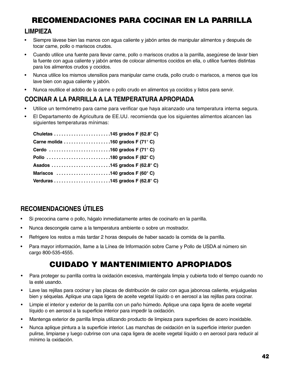 Recomendaciones para cocinar en la parrilla, Cuidado y mantenimiento apropiados, Limpieza | Cocinar a la parrilla a la temperatura apropiada, Recomendaciones útiles | Brinkmann 4 Burner Gas Grill User Manual | Page 43 / 60