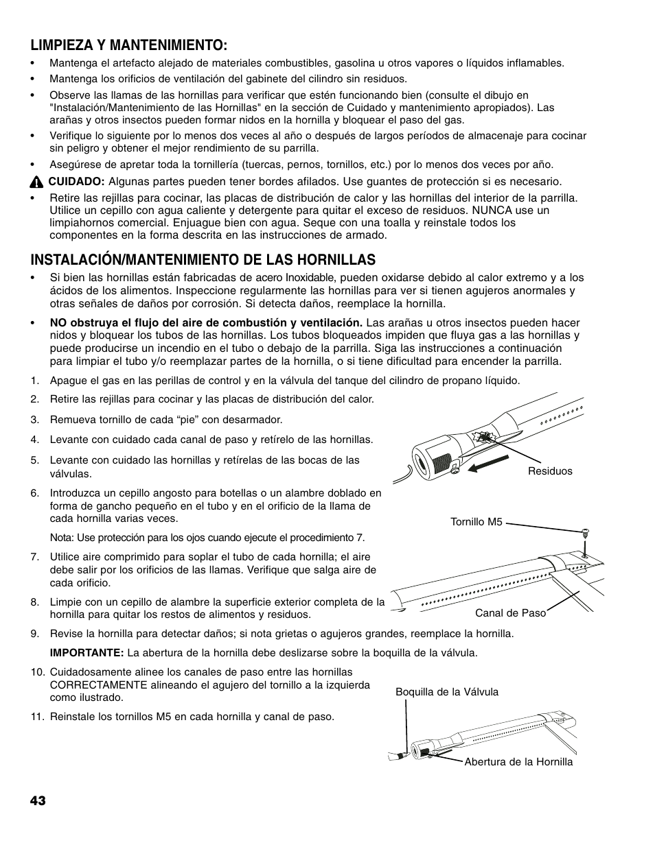Instalación/mantenimiento de las hornillas, Limpieza y mantenimiento | Brinkmann 4 Burner Gas Grill User Manual | Page 44 / 60