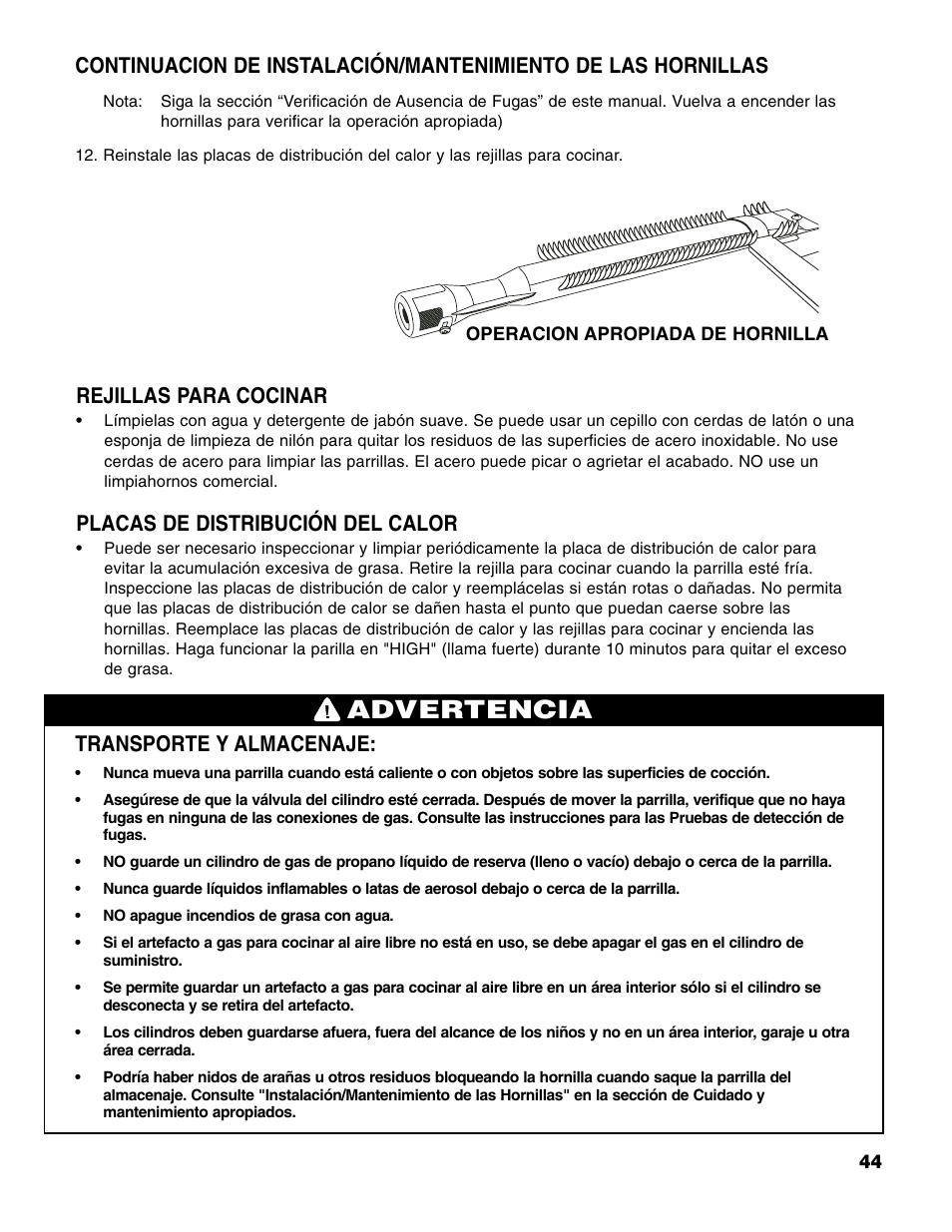 Advertencia, Transporte y almacenaje, Rejillas para cocinar | Placas de distribución del calor | Brinkmann 4 Burner Gas Grill User Manual | Page 45 / 60