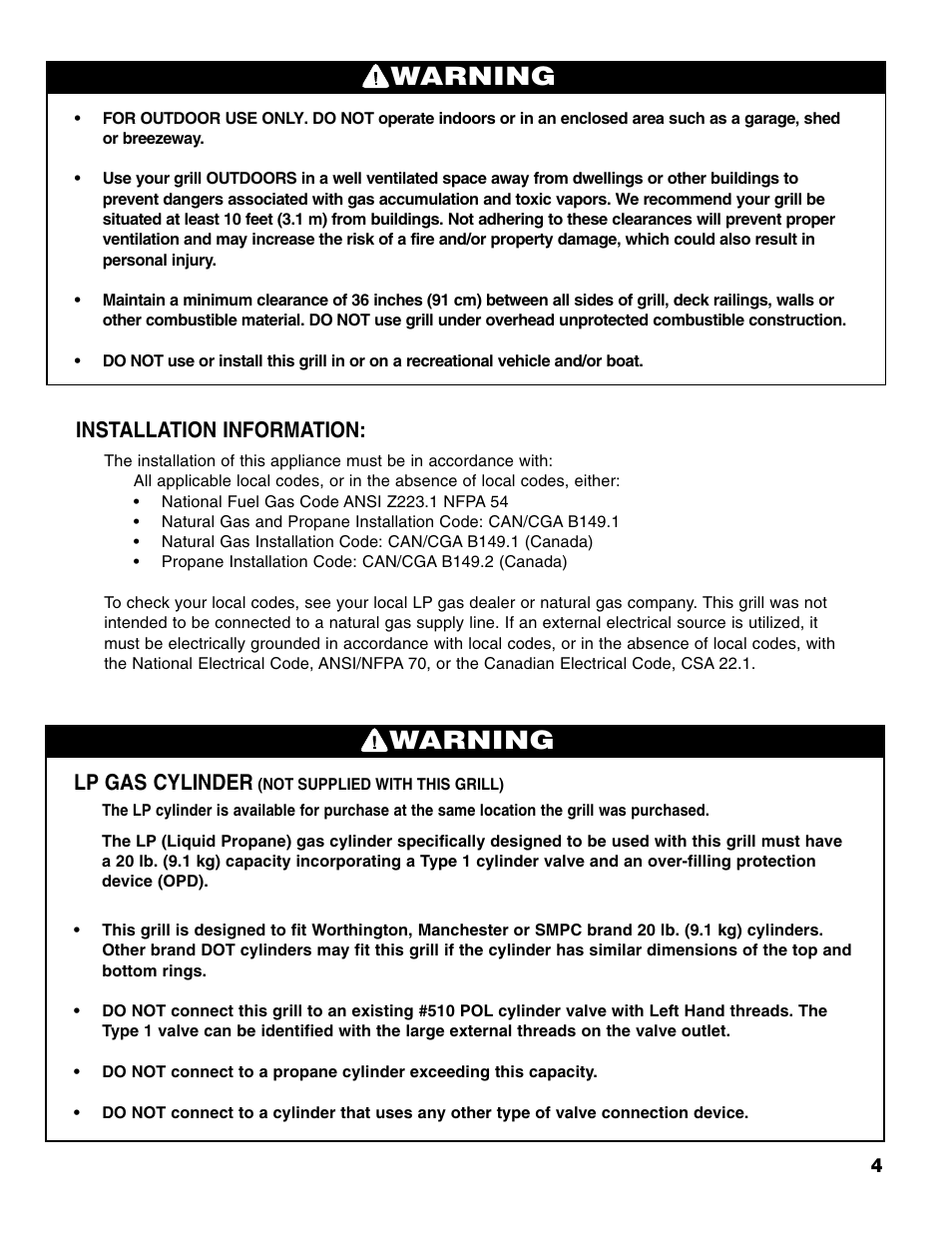 Warning, Installation information, Lp gas cylinder | Brinkmann 4 Burner Gas Grill User Manual | Page 5 / 60