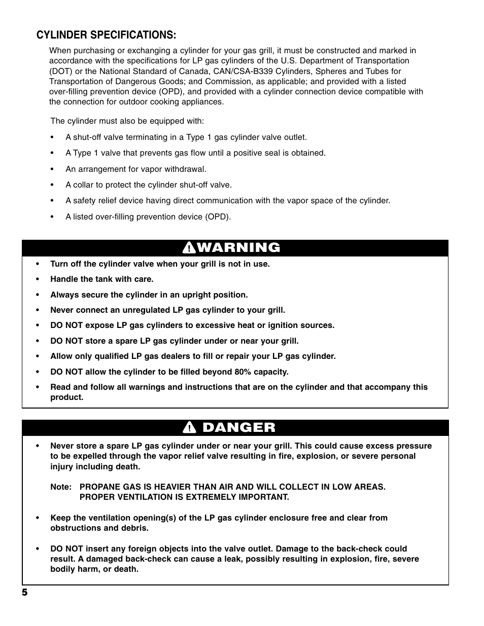 Warning danger, Cylinder specifications | Brinkmann 4 Burner Gas Grill User Manual | Page 6 / 60