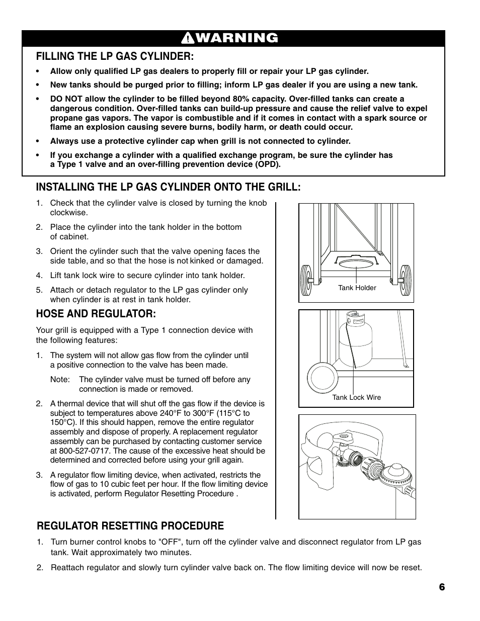 Warning, Filling the lp gas cylinder, Installing the lp gas cylinder onto the grill | Hose and regulator, Regulator resetting procedure | Brinkmann 4 Burner Gas Grill User Manual | Page 7 / 60