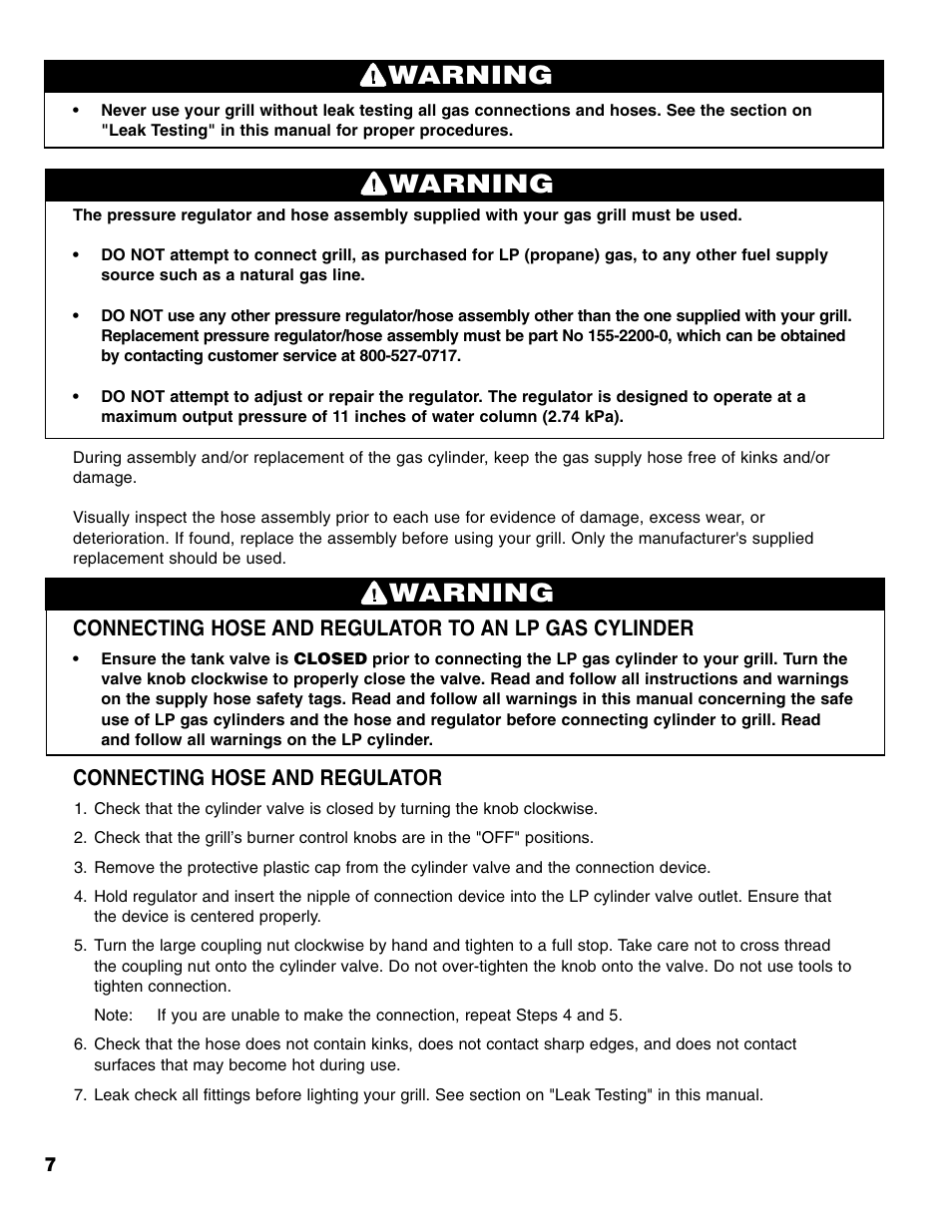 Warning, Connecting hose and regulator | Brinkmann 4 Burner Gas Grill User Manual | Page 8 / 60