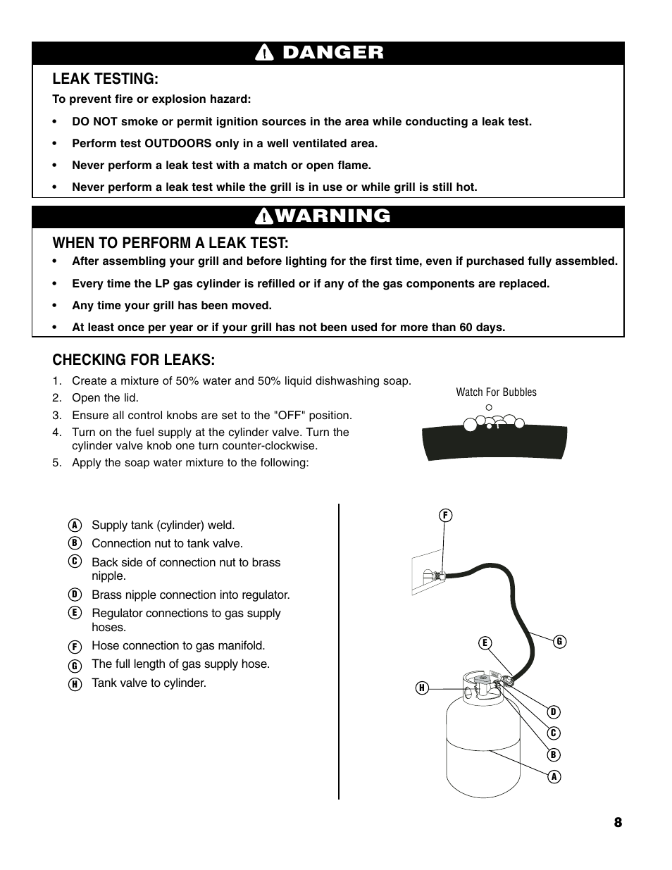 Warning, Danger, Leak testing | When to perform a leak test, Checking for leaks | Brinkmann 4 Burner Gas Grill User Manual | Page 9 / 60