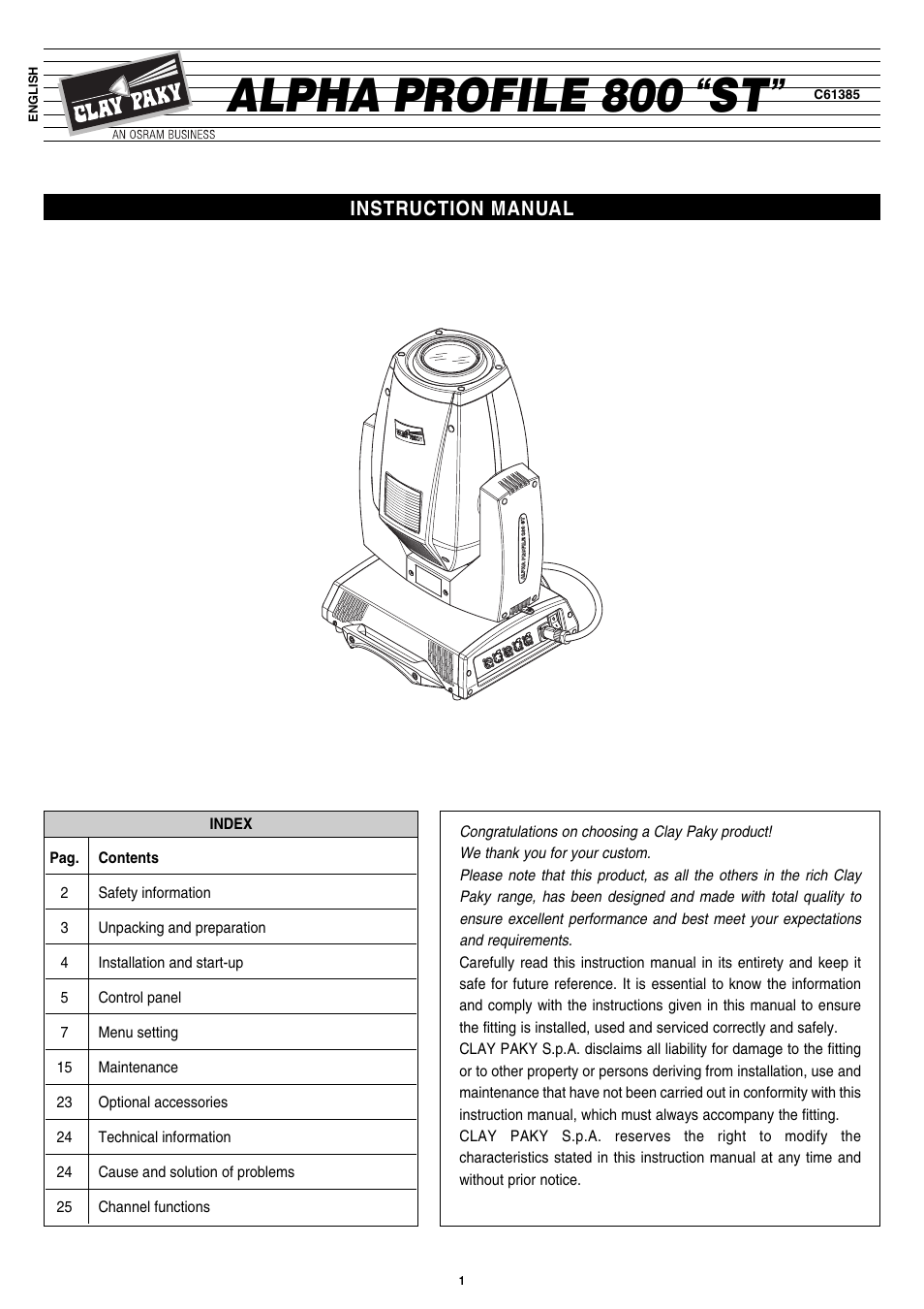 Clay Paky ALPHA PROFILE 800 ST (C61385) User Manual | 32 pages