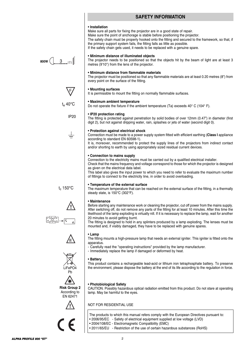 Safety information | Clay Paky ALPHA PROFILE 800 ST (C61385) User Manual | Page 2 / 32