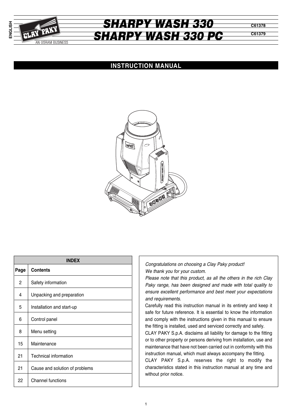 Clay Paky SHARPY WASH 330 PC (C61379) User Manual | 28 pages