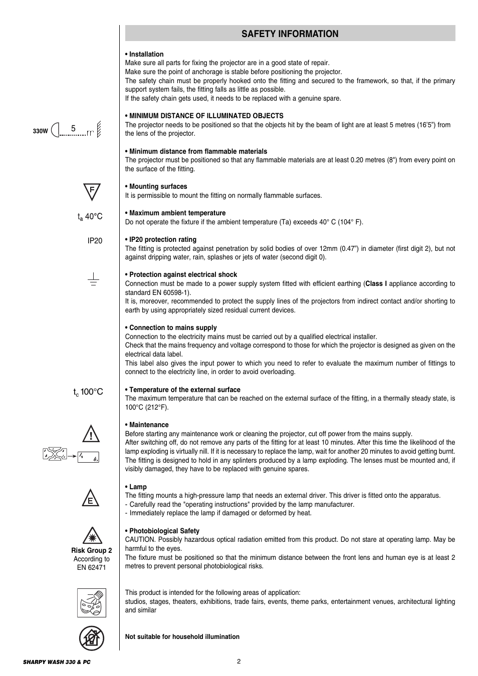 Safety information | Clay Paky SHARPY WASH 330 PC (C61379) User Manual | Page 2 / 28