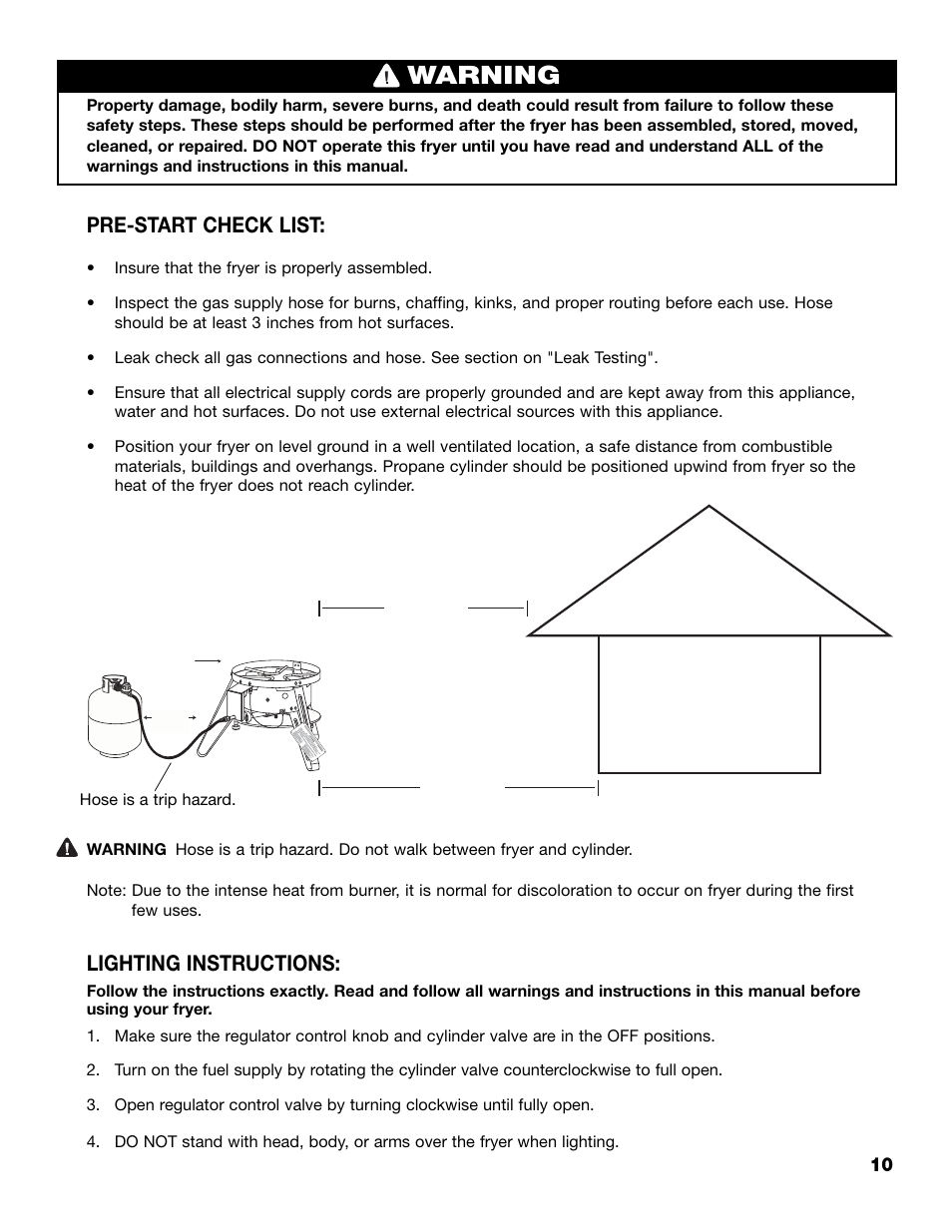 12 ft, 10 ft, Warning | Pre-start check list, Lighting instructions | Brinkmann 815-4001-S User Manual | Page 11 / 40