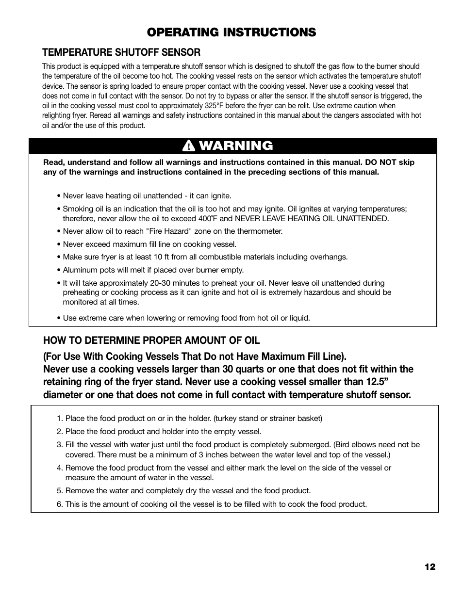 Warning, Operating instructions, Temperature shutoff sensor | Brinkmann 815-4001-S User Manual | Page 13 / 40