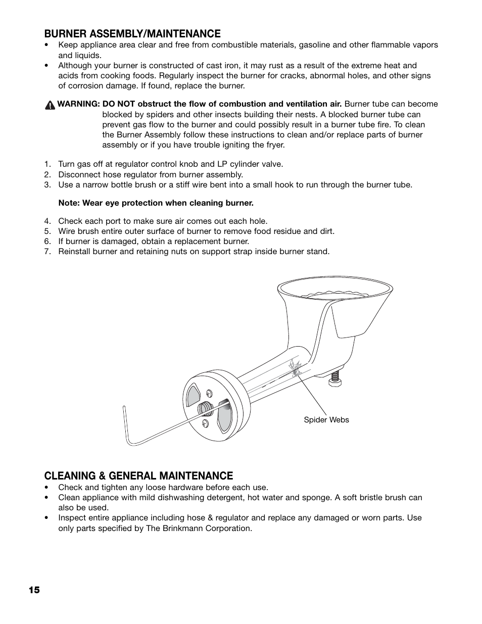 Burner assembly/maintenance, Cleaning & general maintenance | Brinkmann 815-4001-S User Manual | Page 16 / 40