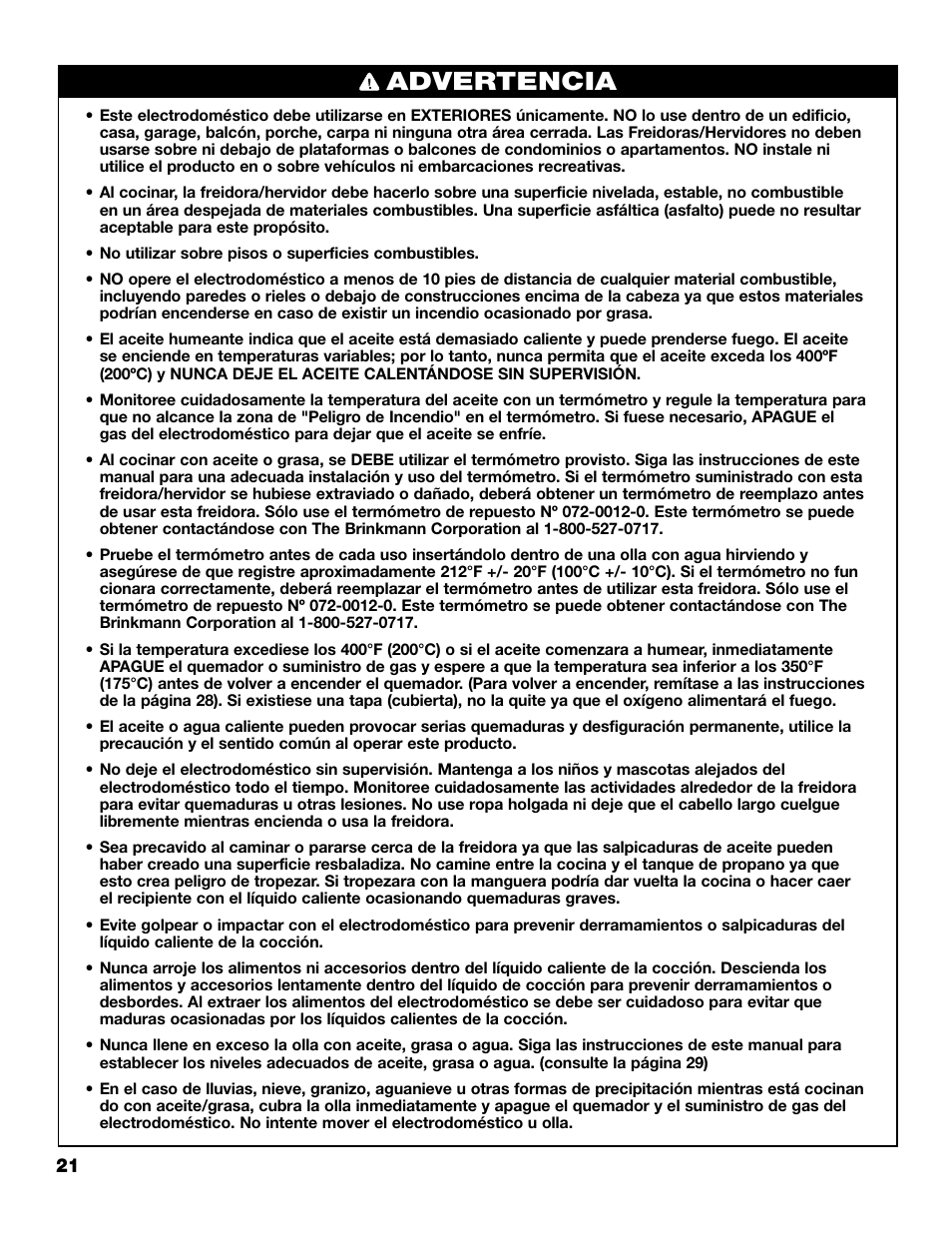 Advertencias generales, Advertencia | Brinkmann 815-4001-S User Manual | Page 22 / 40