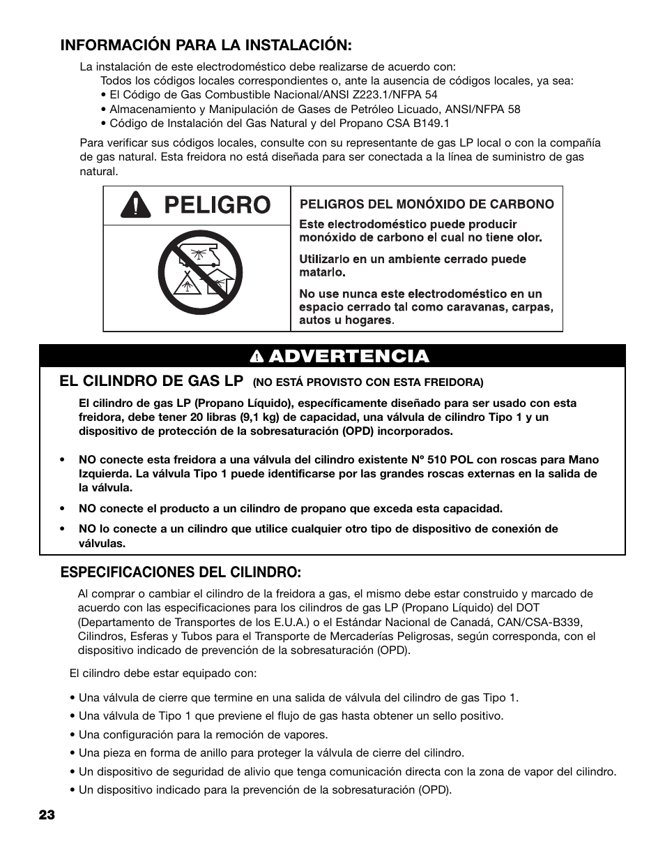 Advertencia, El cilindro de gas lp, Especificaciones del cilindro | Información para la instalación | Brinkmann 815-4001-S User Manual | Page 24 / 40
