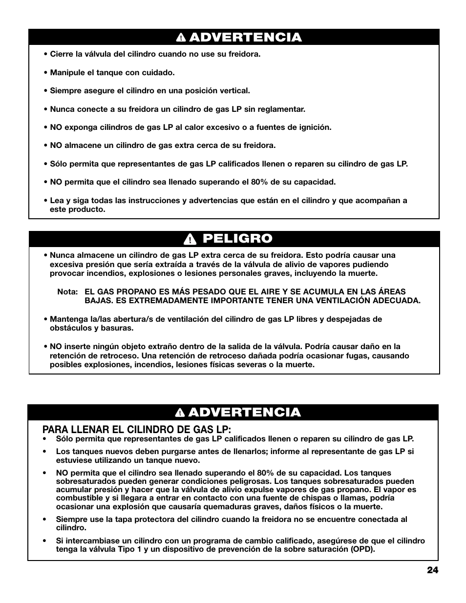 Advertencia peligro advertencia, Para llenar el cilindro de gas lp | Brinkmann 815-4001-S User Manual | Page 25 / 40