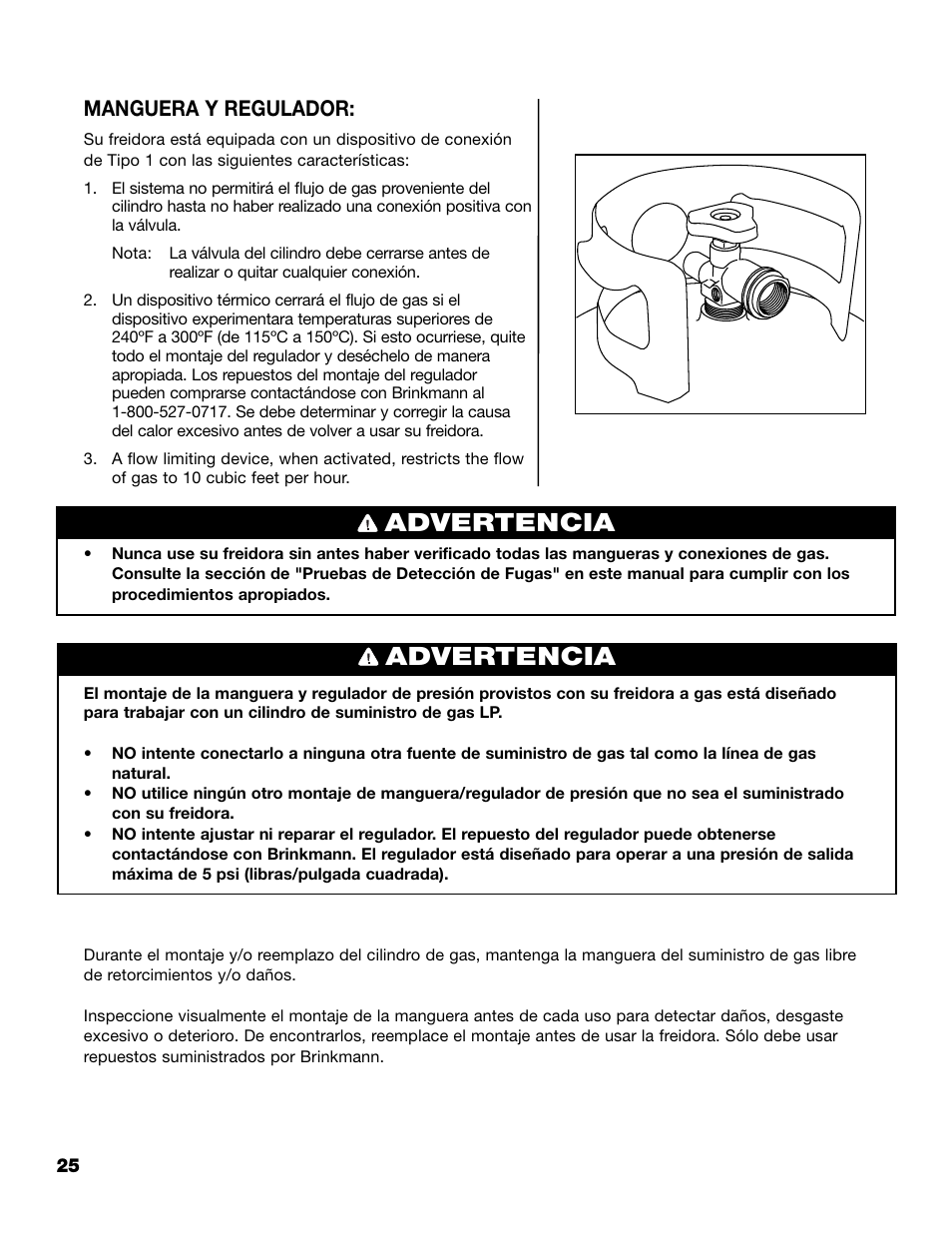 Advertencia, Manguera y regulador | Brinkmann 815-4001-S User Manual | Page 26 / 40